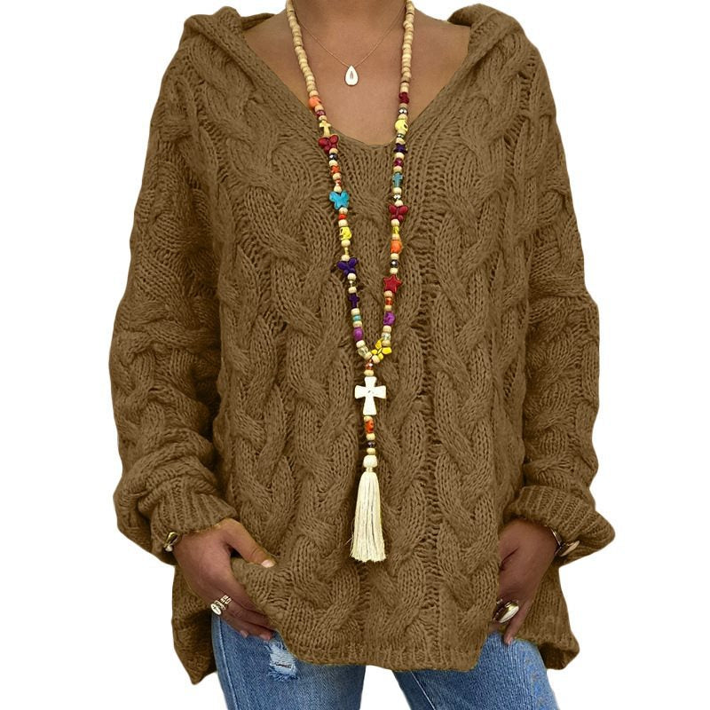 Women's Cable Knit Hooded Sweater in Camel