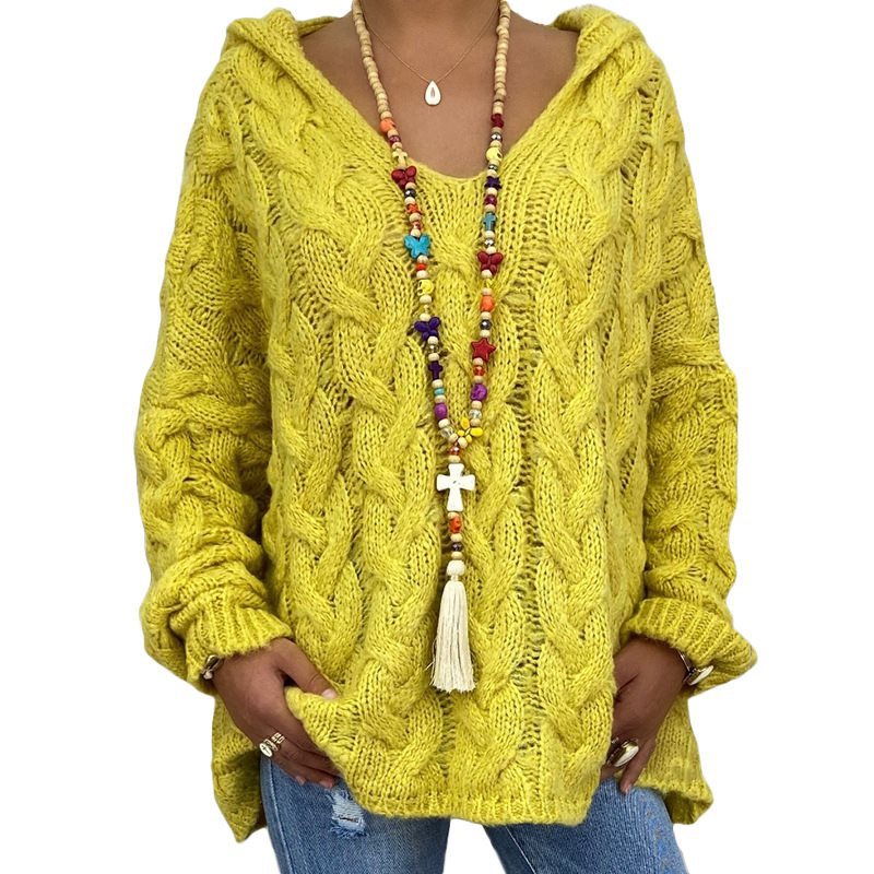Women's Cable Knit Hooded Sweater in Chartreuse