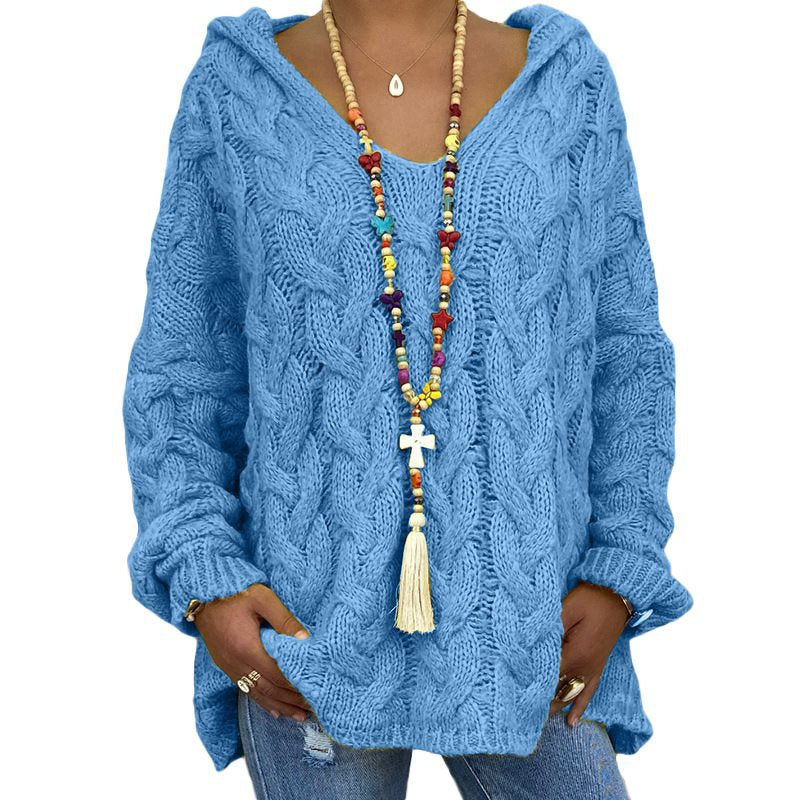 Women's Cable Knit Hooded Sweater in Denim Blue