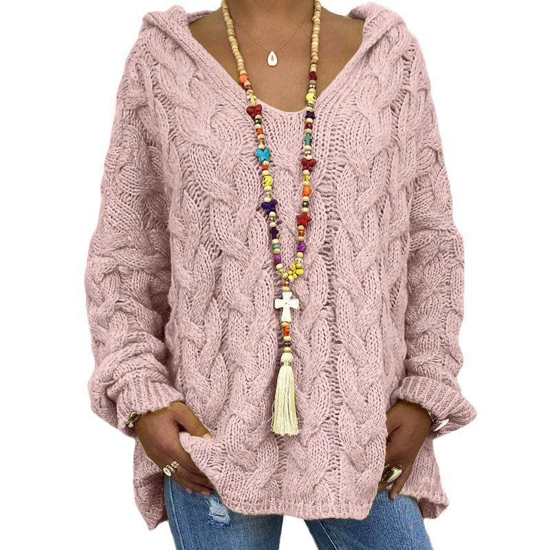 Women's Cable Knit Hooded Sweater in Dusty Pink