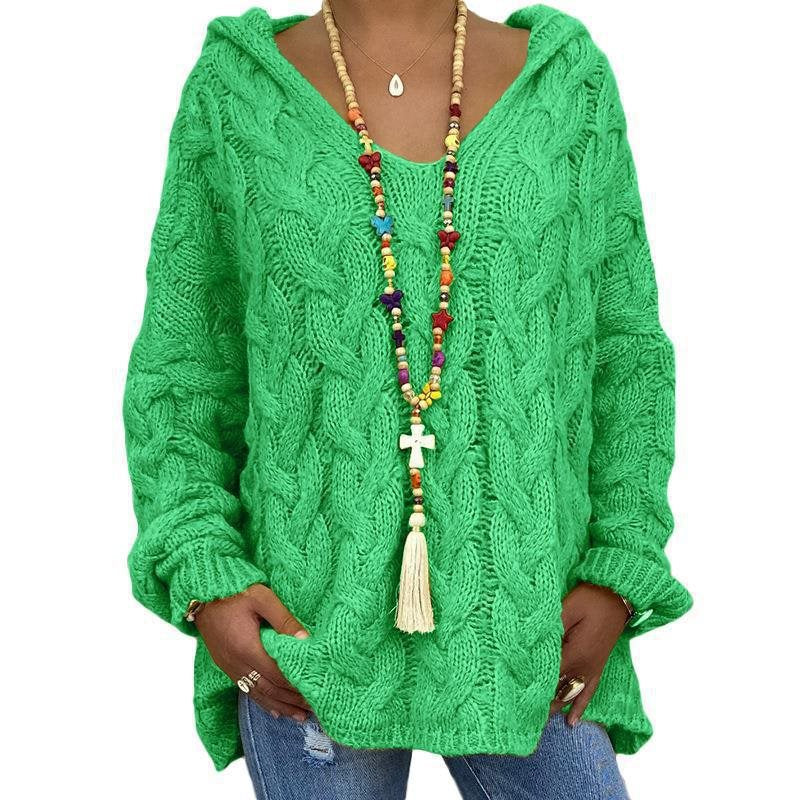 Women's Cable Knit Hooded Sweater in Green