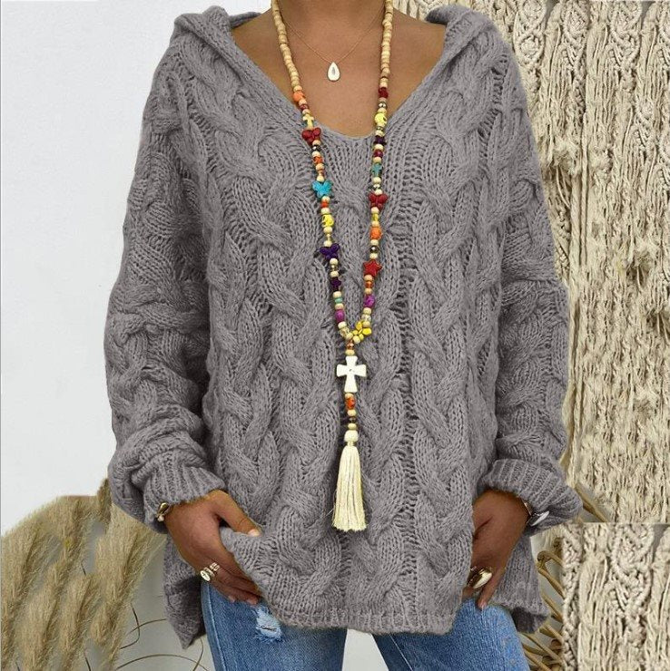 Women's Cable Knit Hooded Sweater in Grey