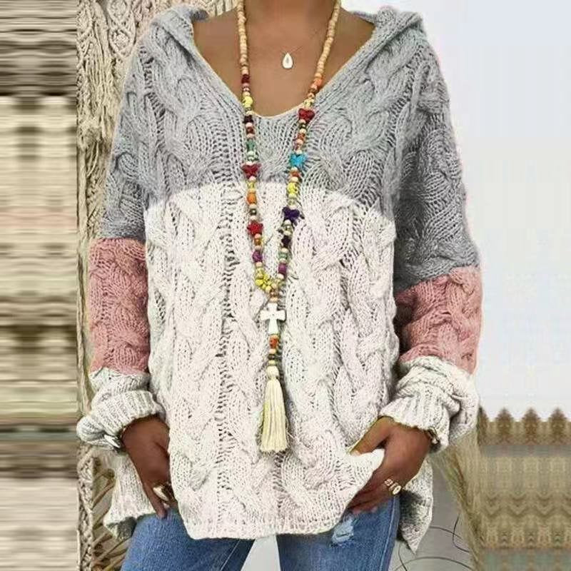 Women's Cable Knit Hooded Sweater in Grey Colour Block