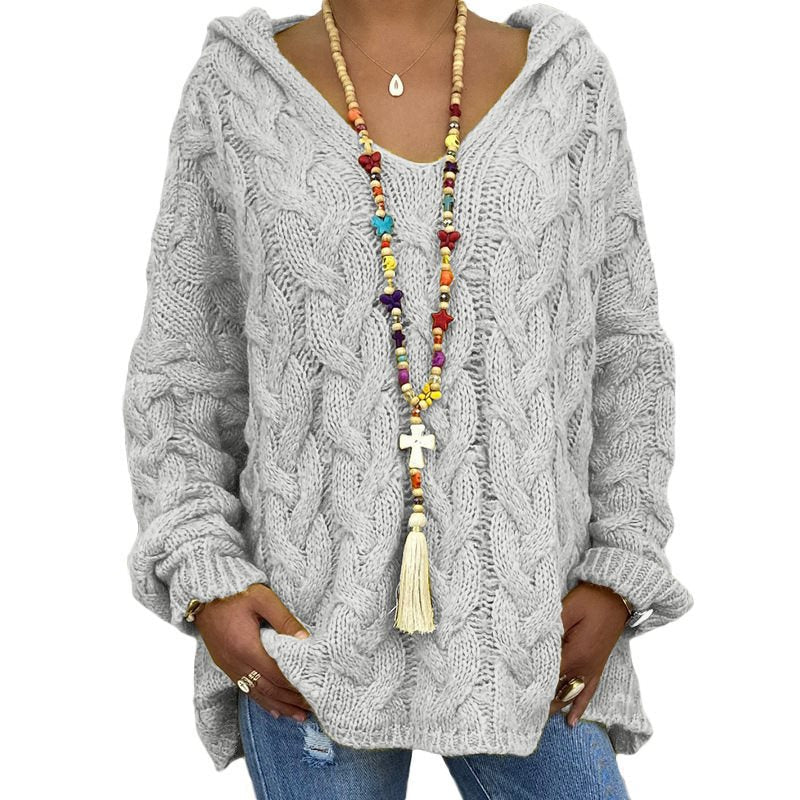 Women's Cable Knit Hooded Sweater in Light Grey