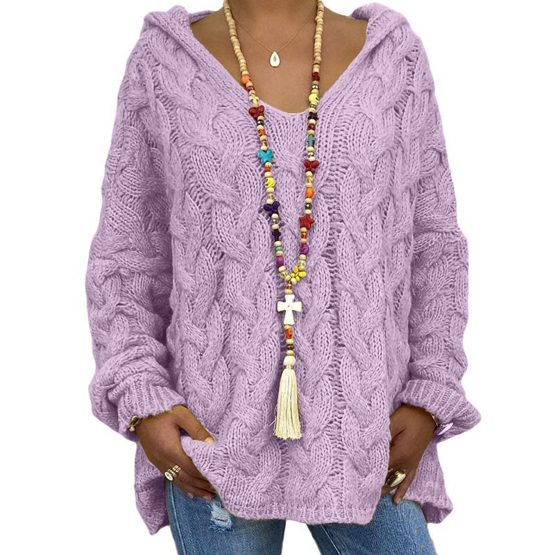 Women's Cable Knit Hooded Sweater in Lilac