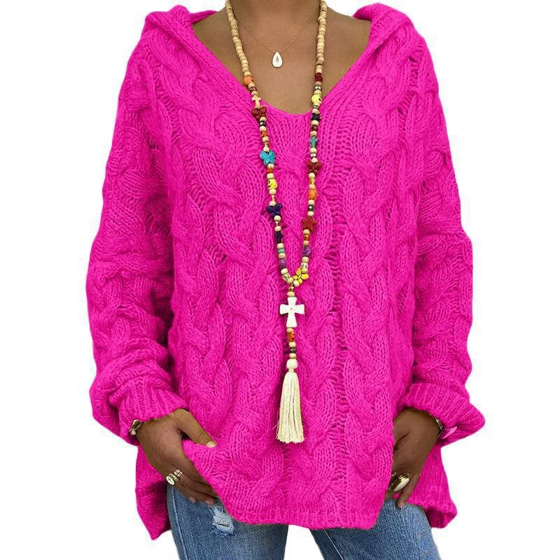 Women's Cable Knit Hooded Sweater in Magenta