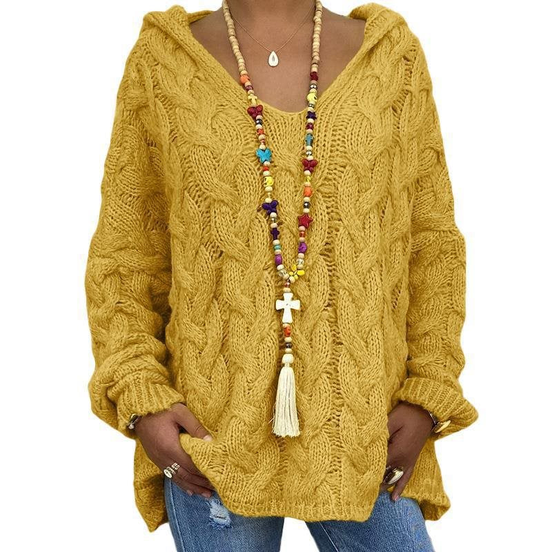 Women's Cable Knit Hooded Sweater in Mustard
