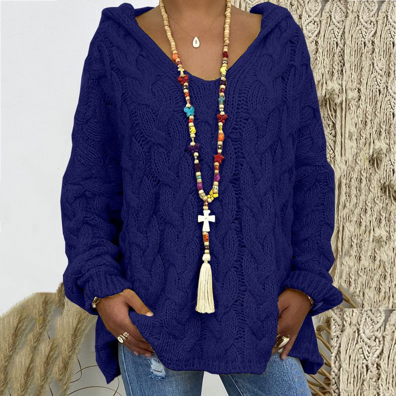 Women's Cable Knit Hooded Sweater in Navy