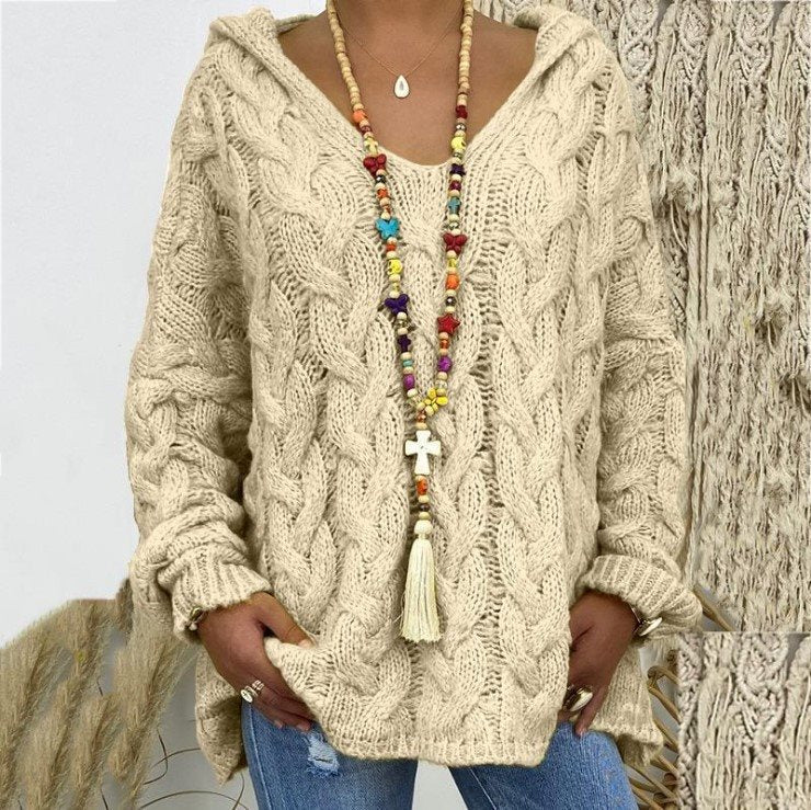 Women's Cable Knit Hooded Sweater in Oatmeal