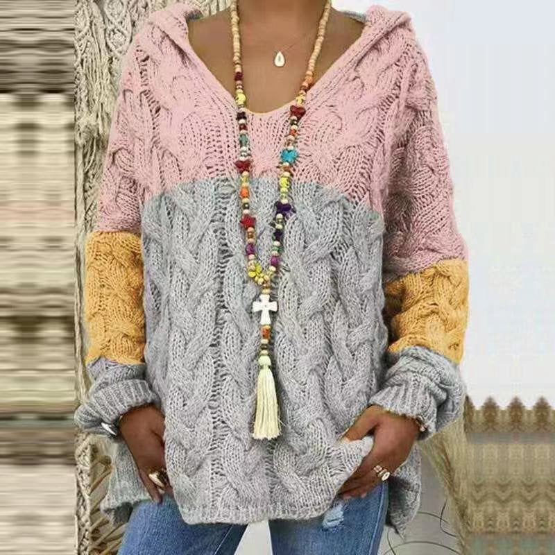Women's Cable Knit Hooded Sweater in Pink Colour Block