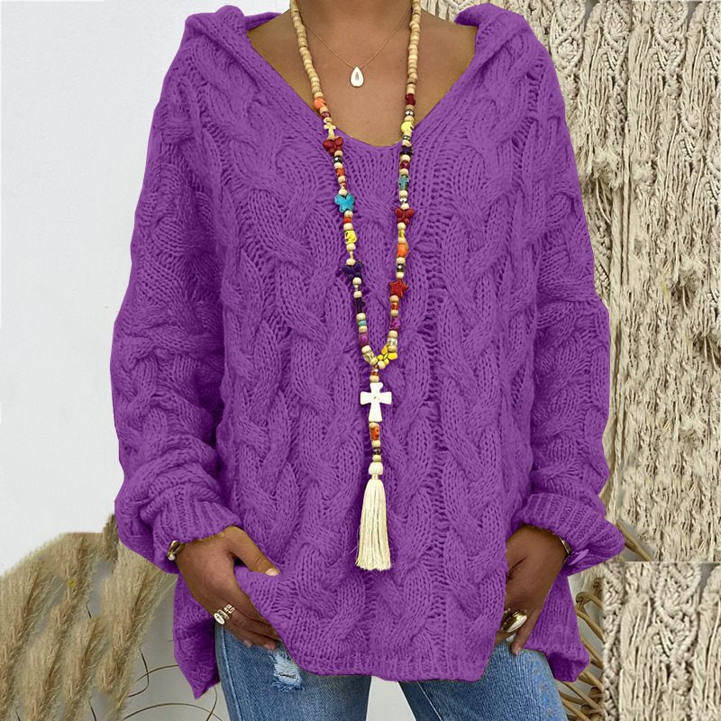 Women's Cable Knit Hooded Sweater in Purple