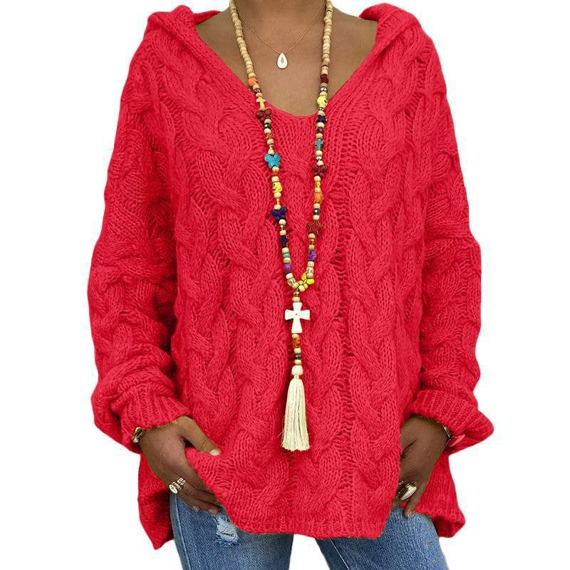 Women's Cable Knit Hooded Sweater in Red