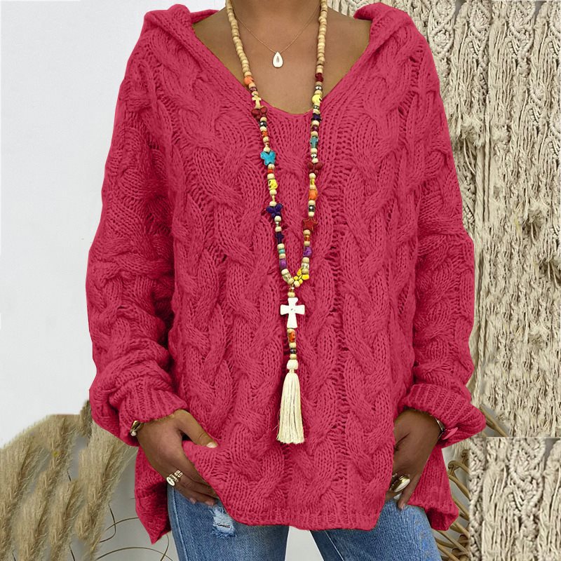 Women's Cable Knit Hooded Sweater in Rose Pink