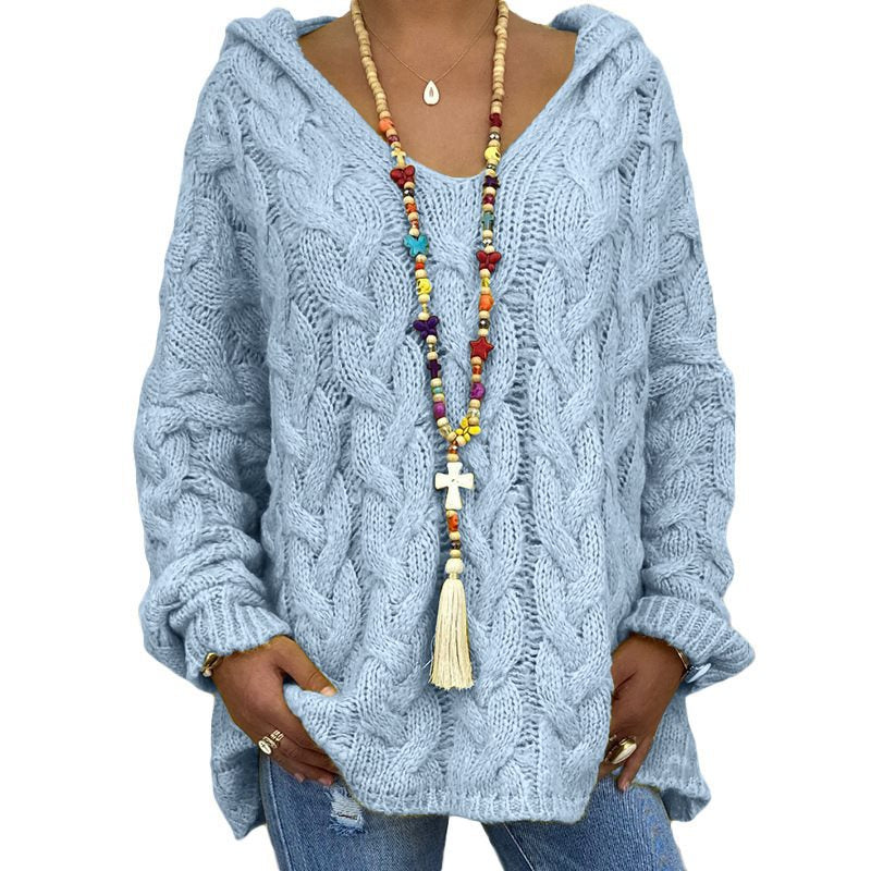Women's Cable Knit Hooded Sweater in Sky Blue