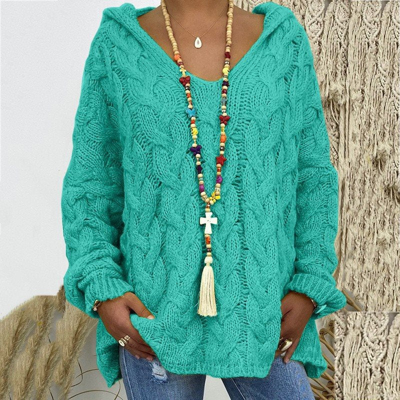 Women's Cable Knit Hooded Sweater in Teal