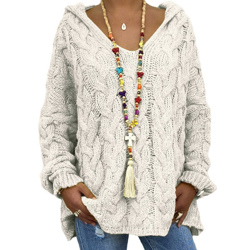 Women's Cable Knit Hooded Sweater in White
