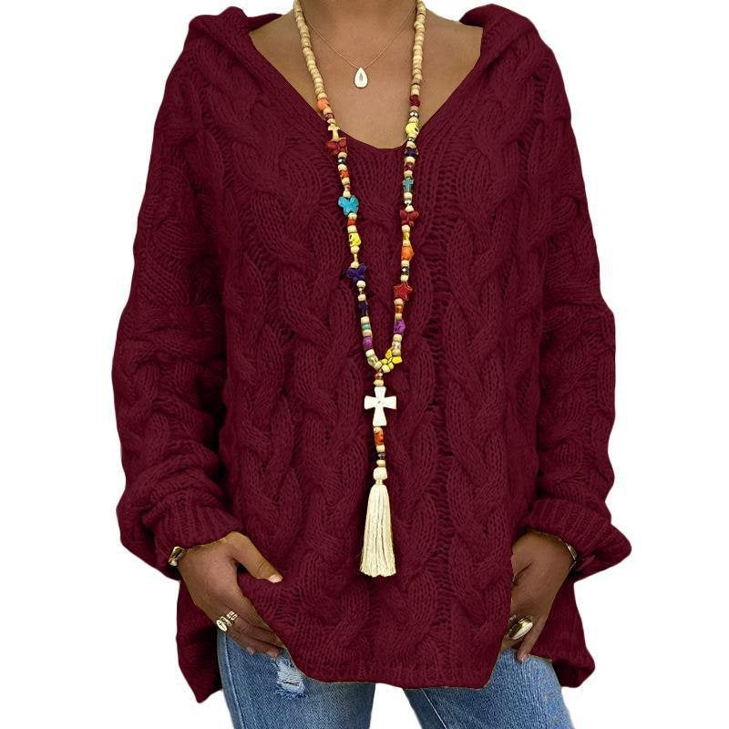 Women's Cable Knit Hooded Sweater in Wine