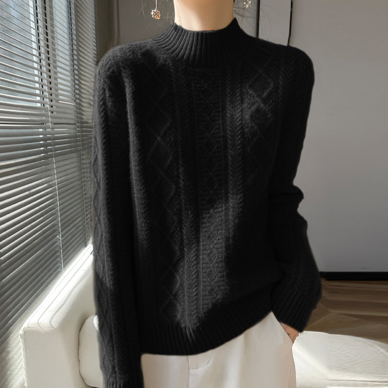Women's Cable Knit Mock Neck Sweater in Black