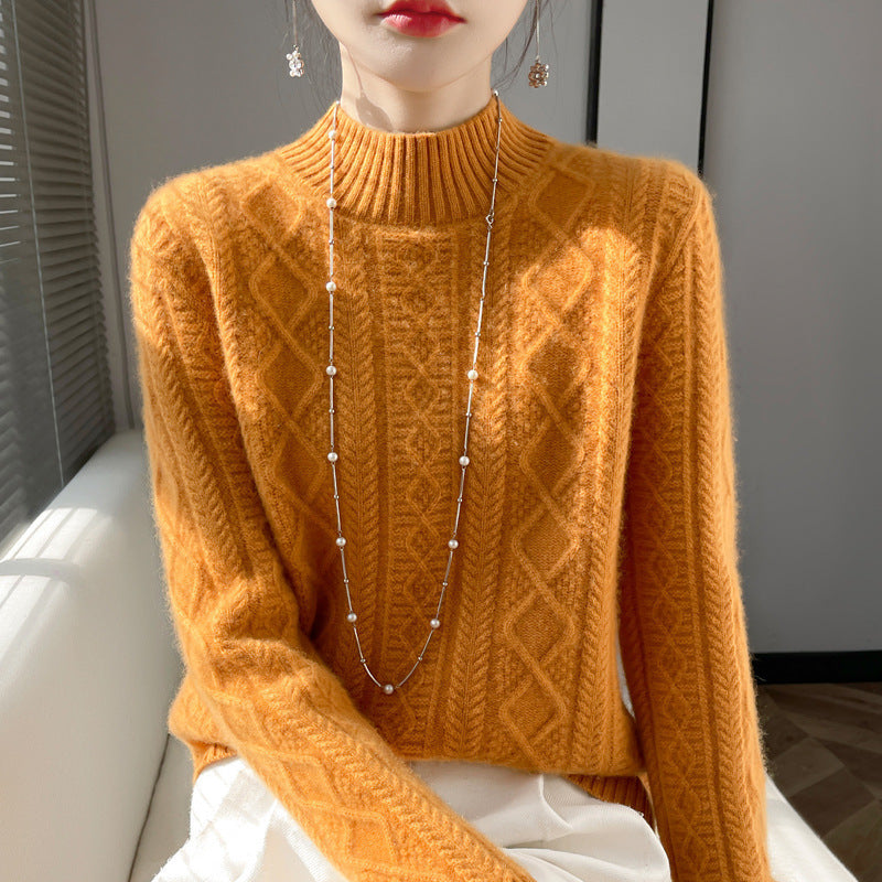 Women's Cable Knit Mock Neck Sweater in Ochre