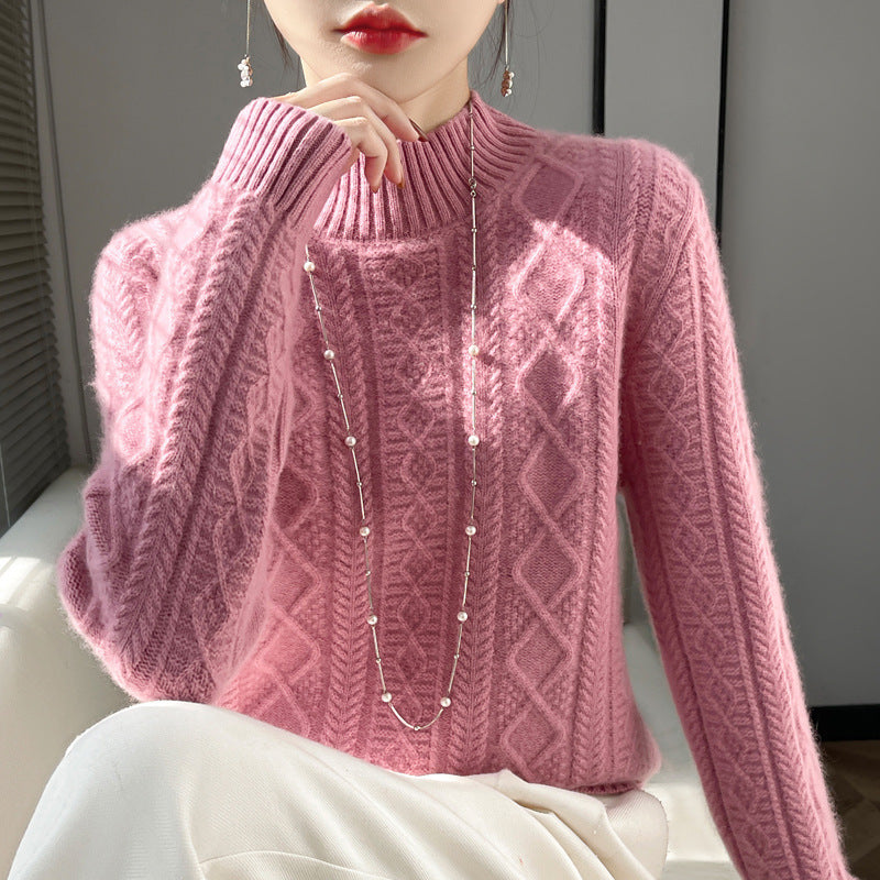 Women's Cable Knit Mock Neck Sweater in Pink