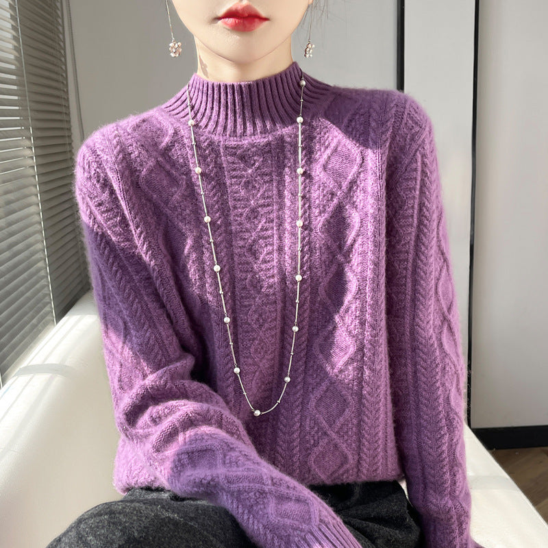 Women's Cable Knit Mock Neck Sweater in Purple
