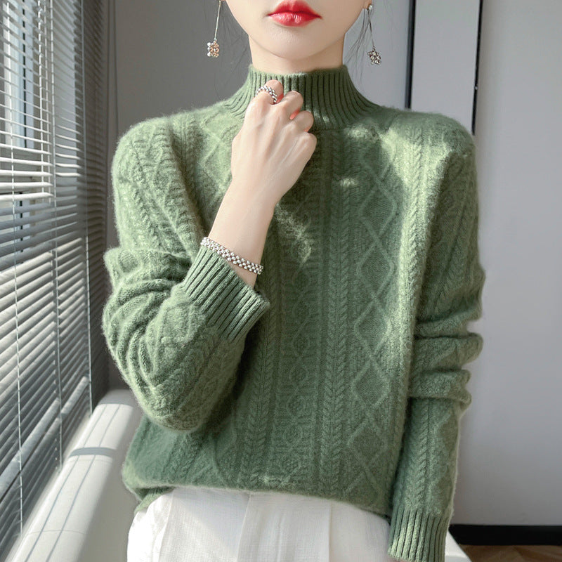 Women's Cable Knit Mock Neck Sweater in Sage Green