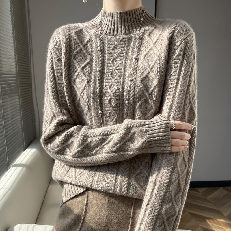 Women's Cable Knit Mock Neck Sweater in Taupe