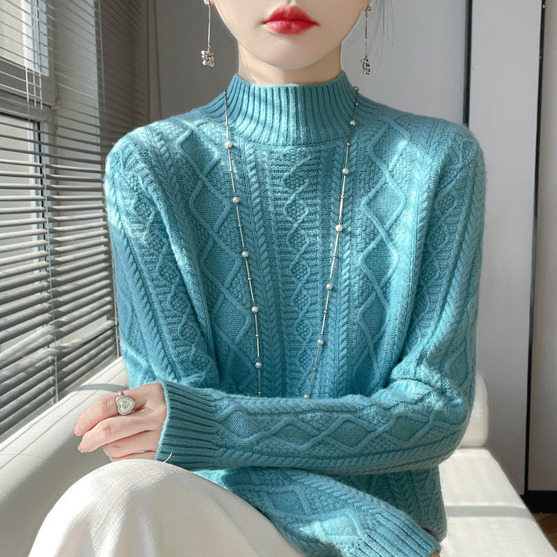 Women's Cable Knit Mock Neck Sweater in Turquoise Blue