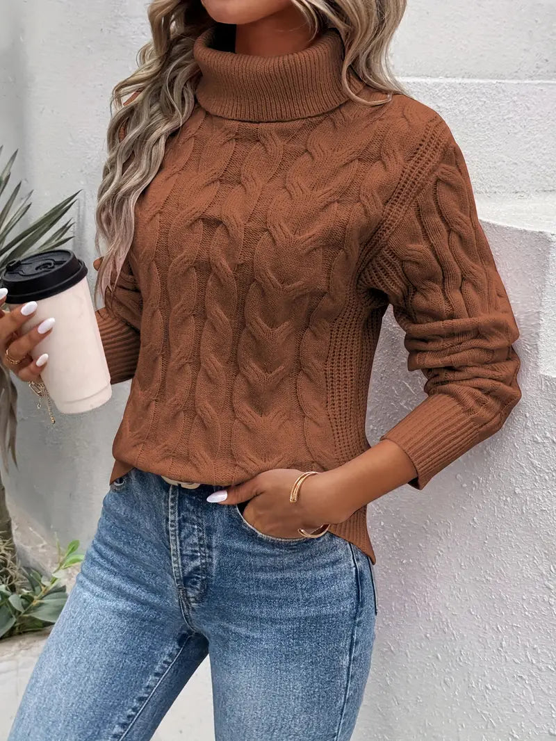 Women's Cable Knit Turtleneck Sweater in Brown
