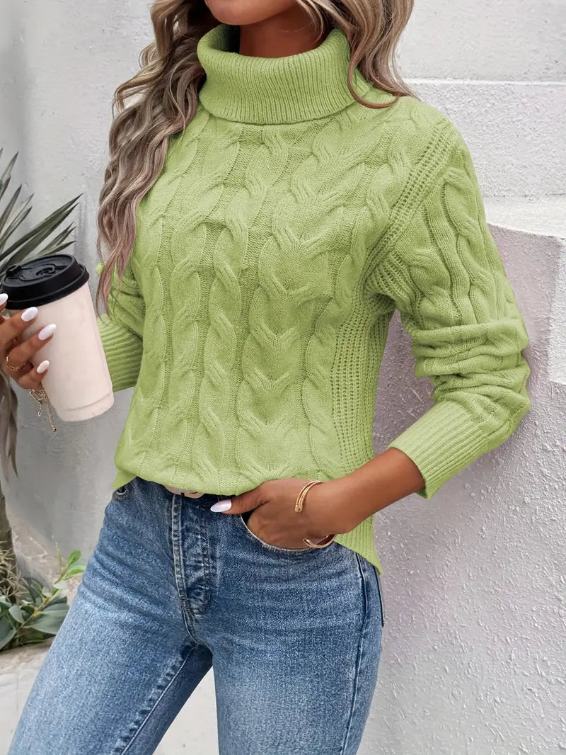 Women's Cable Knit Turtleneck Sweater in Green