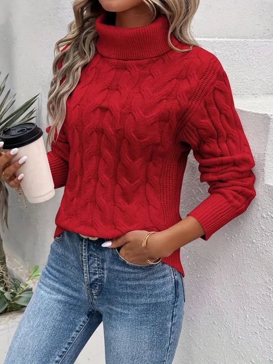 Women's Cable Knit Turtleneck Sweater in Red