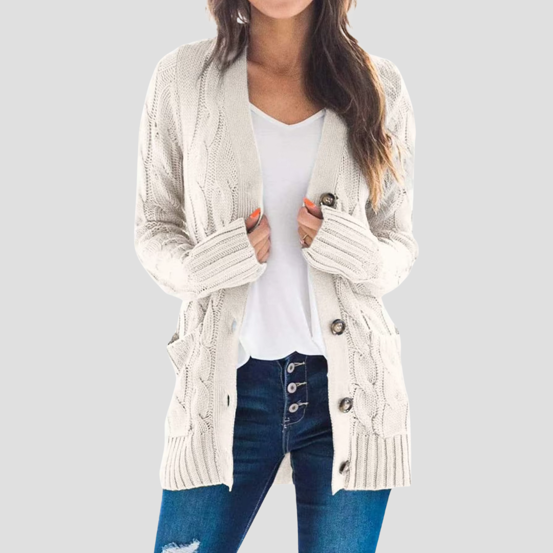 Women's Cable Knit V-Neck Cardigan in Beige