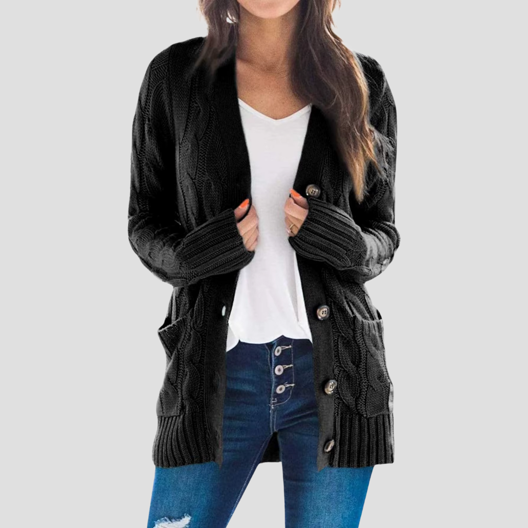 Women's Cable Knit V-Neck Cardigan in Black