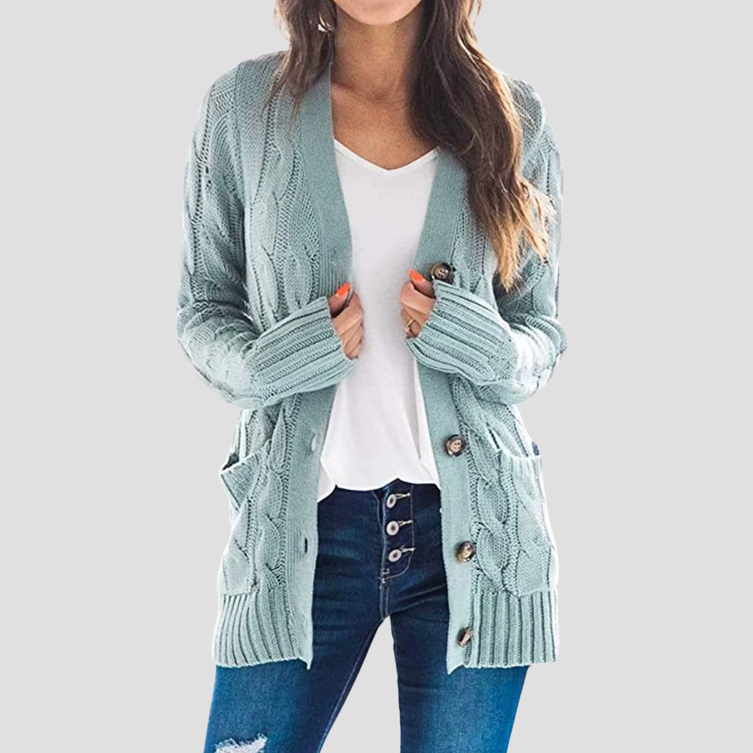 Women's Cable Knit V-Neck Cardigan in Blue