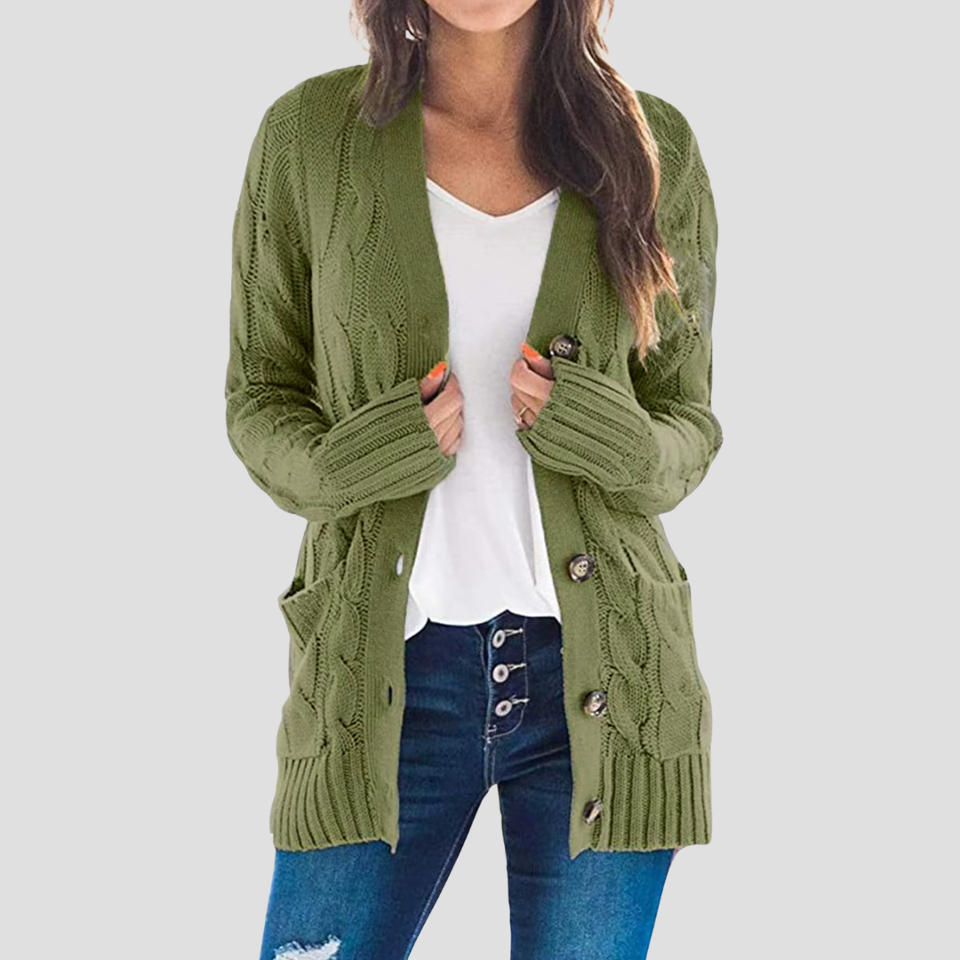 Women's Cable Knit V-Neck Cardigan in Green