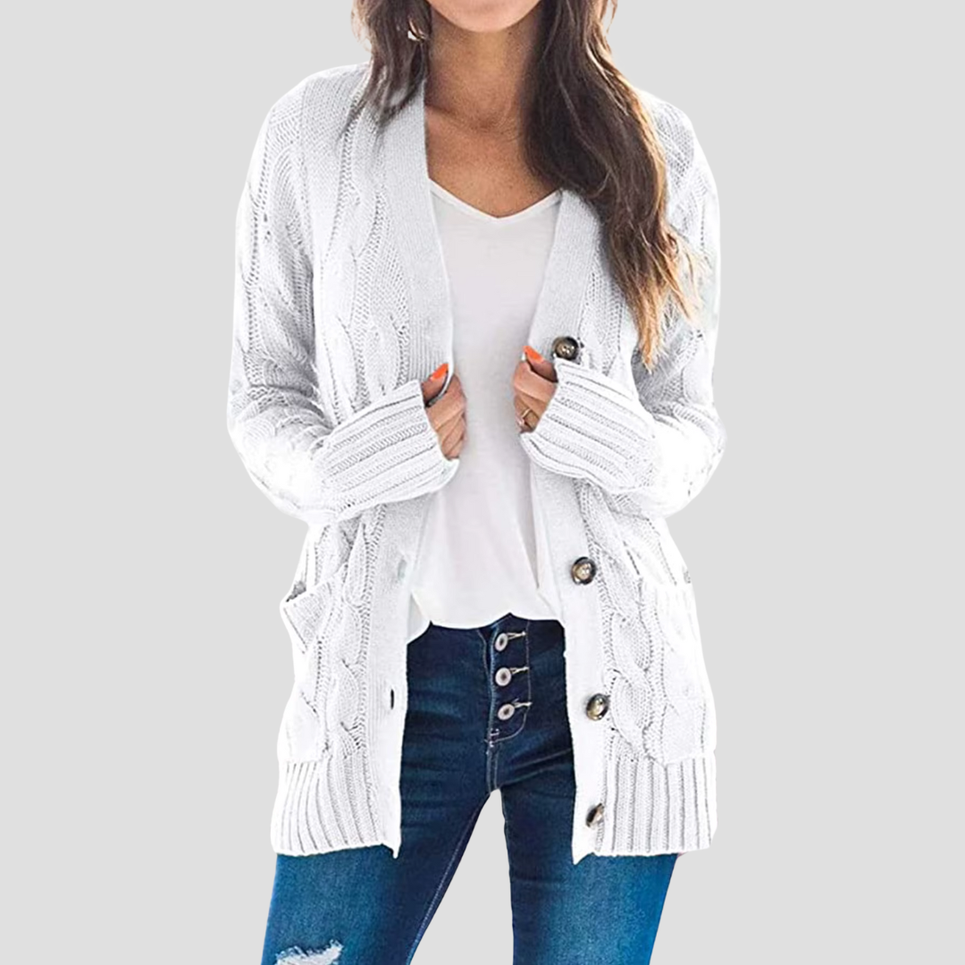 Women's Cable Knit V-Neck Cardigan in White