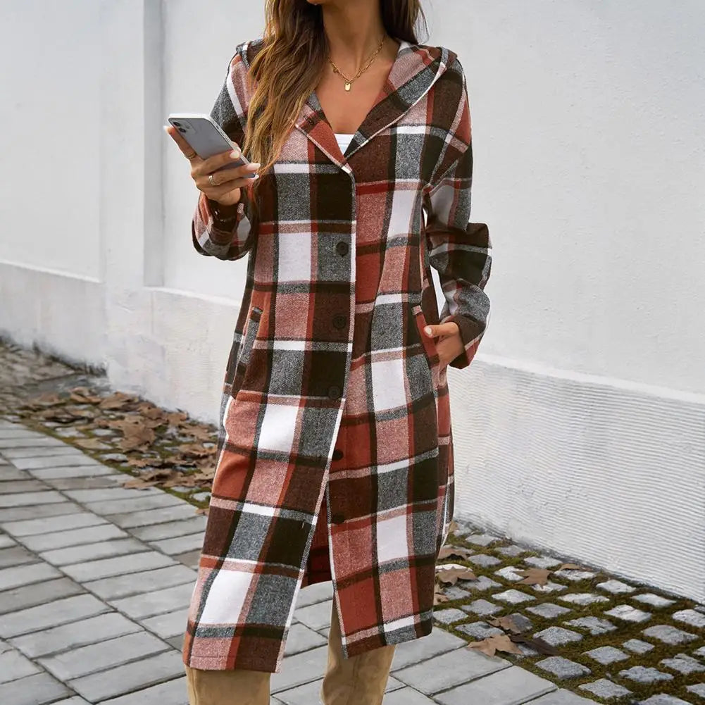 Women's Checked Hooded Coat in Rust