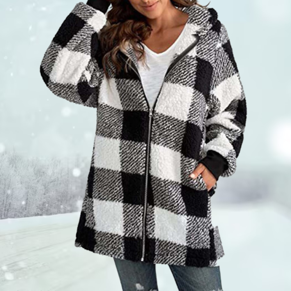 Women's Checked Teddy Winter Jacket in Black
