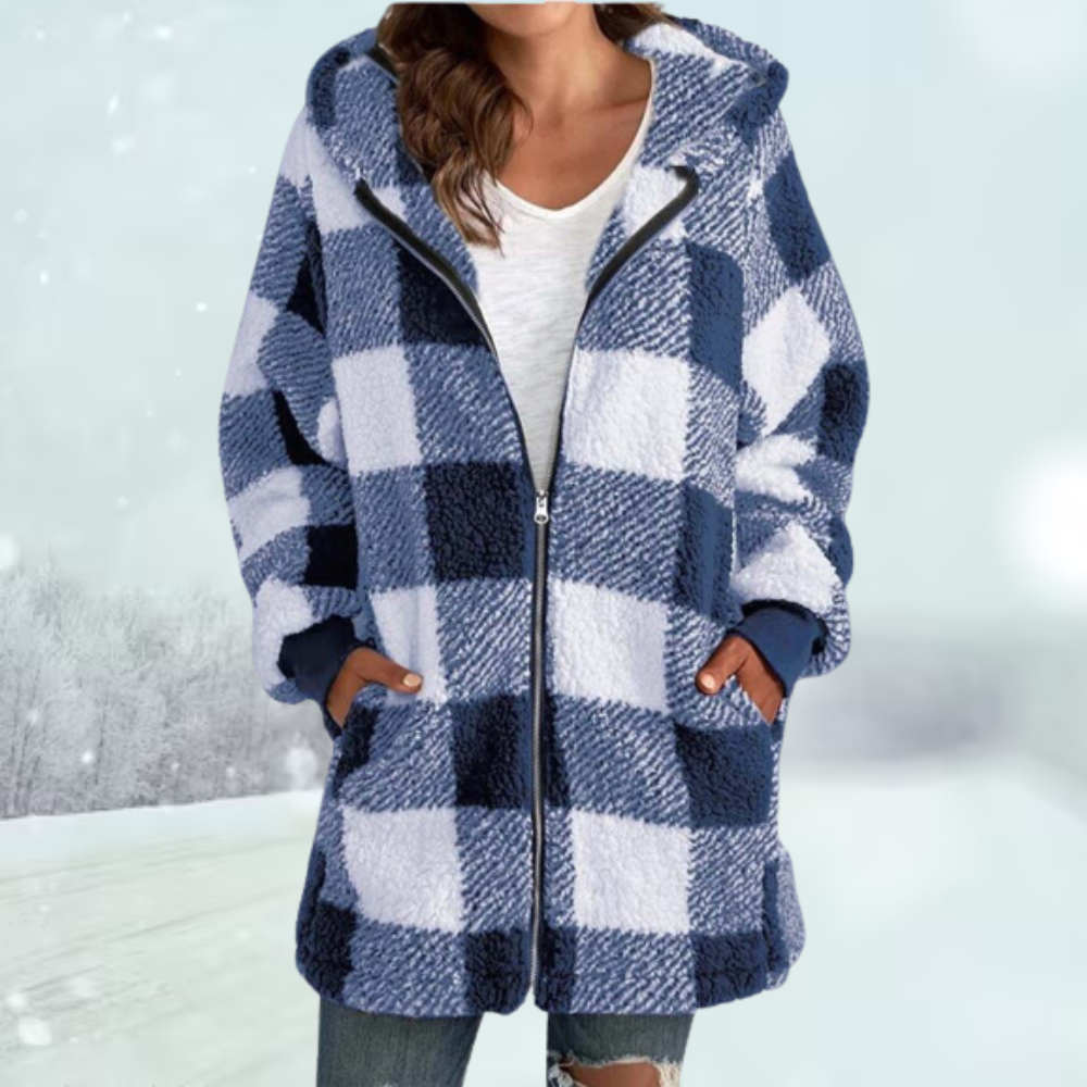 Women's Checked Teddy Winter Jacket in Blue