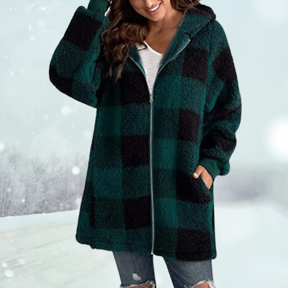 Women's Checked Teddy Winter Jacket in Dark Green