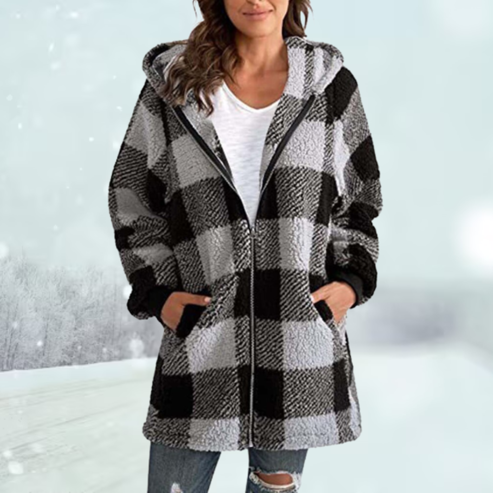 Women's Checked Teddy Winter Jacket in Grey