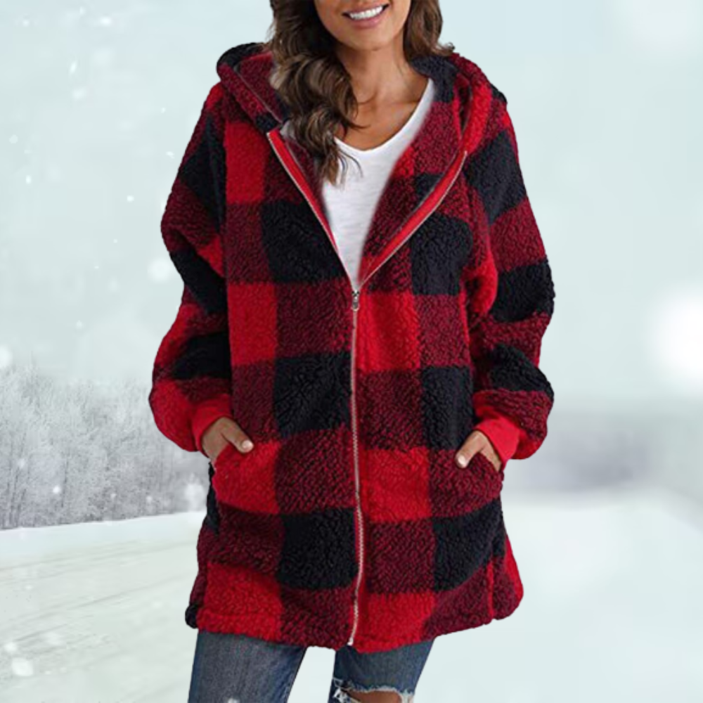 Women's Checked Teddy Winter Jacket in Red