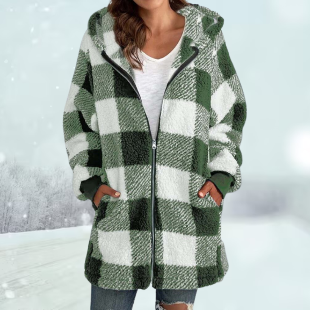 Women's Checked Teddy Winter Jacket in Sage Green