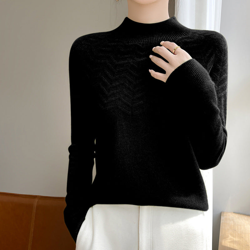 Women's Chevron Pointelle Knit Sweater in Black