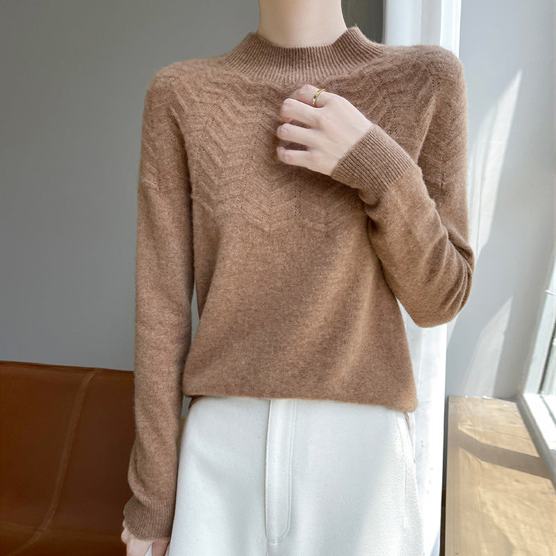 Women's Chevron Pointelle Knit Sweater in Camel