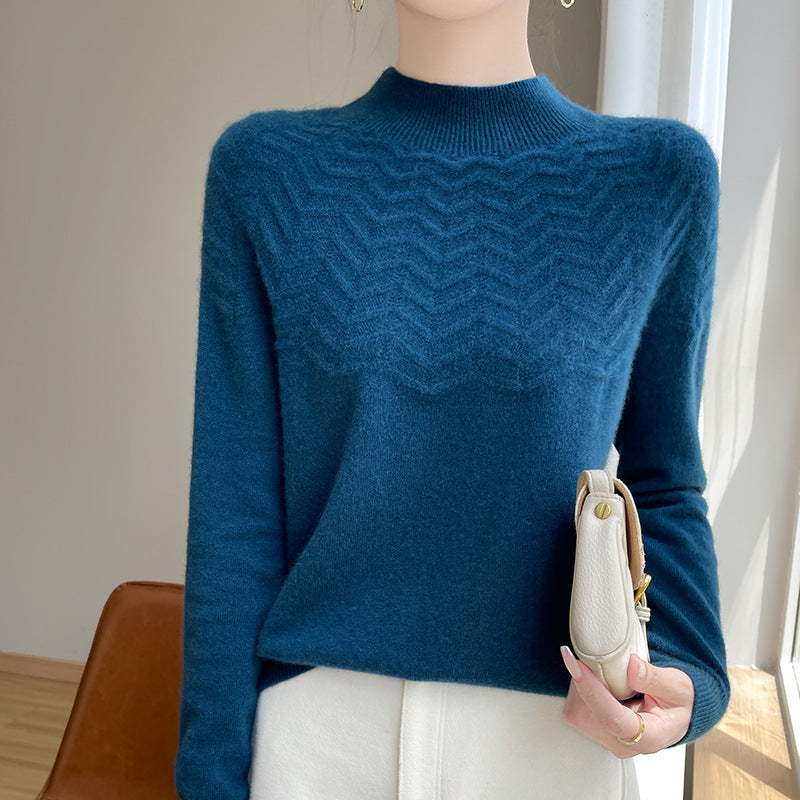 Women's Chevron Pointelle Knit Sweater in Petrol Blue