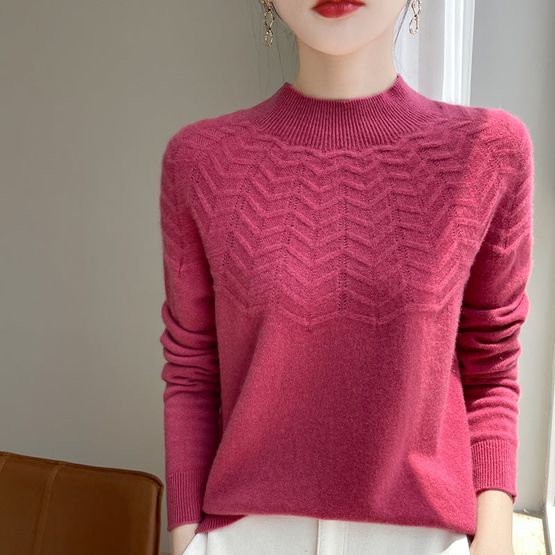 Women's Chevron Pointelle Knit Sweater in Raspberry
