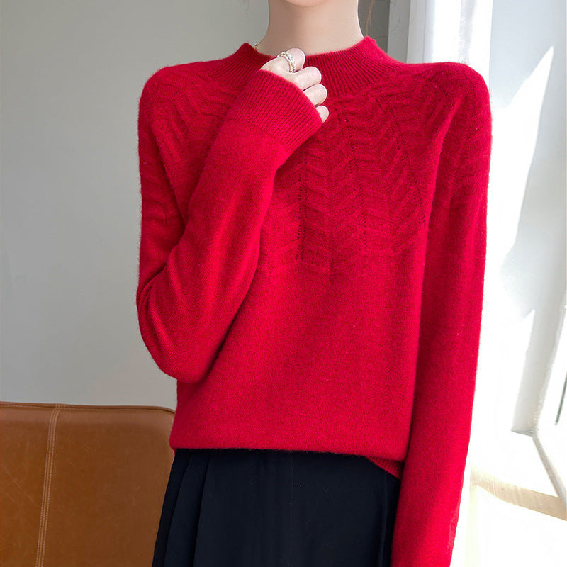 Women's Chevron Pointelle Knit Sweater in Red