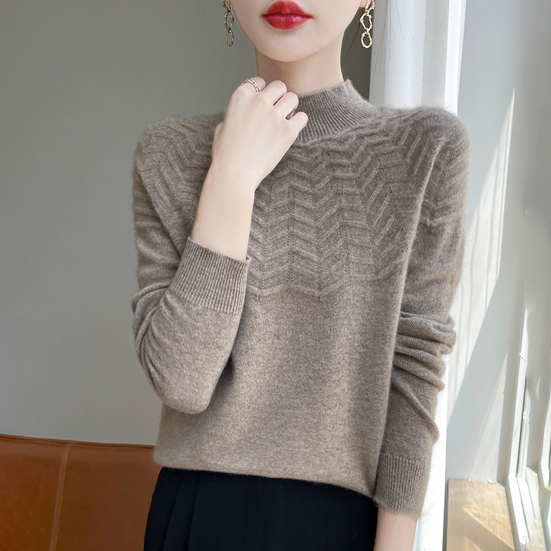 Women's Chevron Pointelle Knit Sweater in Taupe