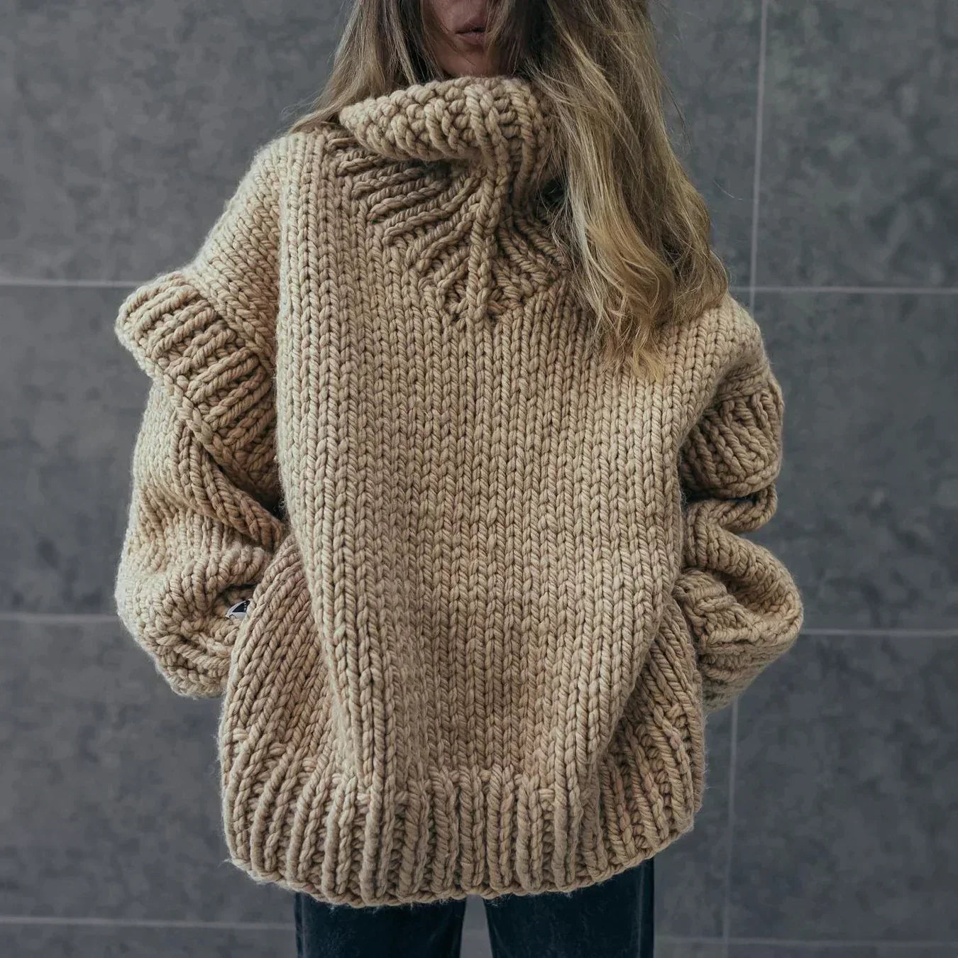 Women's Chunky Turtleneck Sweater in Khaki